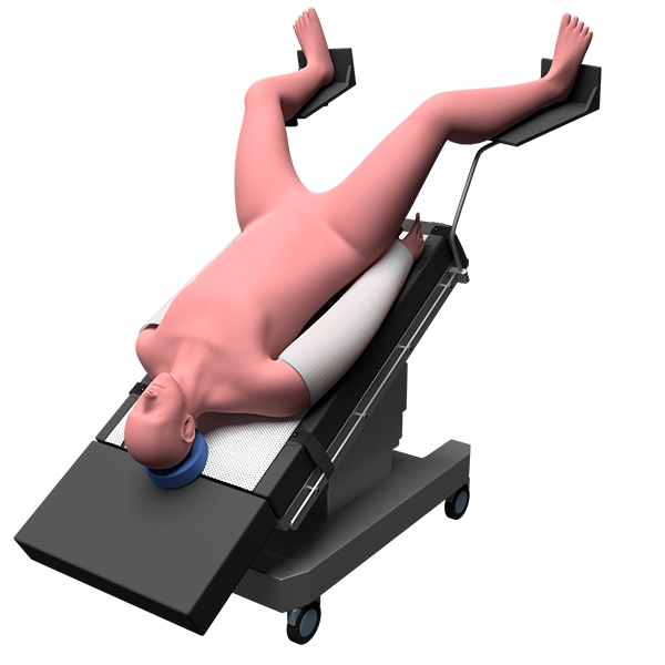 Patient in Trendelenburg Position on an Operating Table with WaffleGrip and HotDog Warming Mattress.