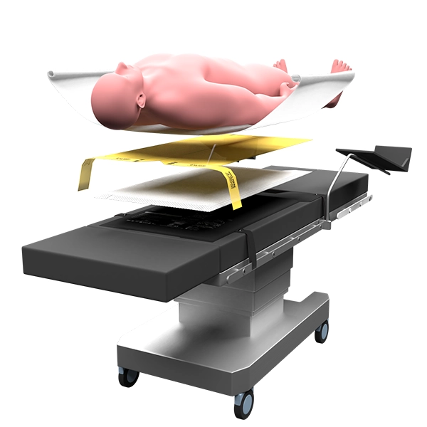 Expanded View of a Patient on an Operating Table with WaffleGrip and HotDog Warming Mattress.